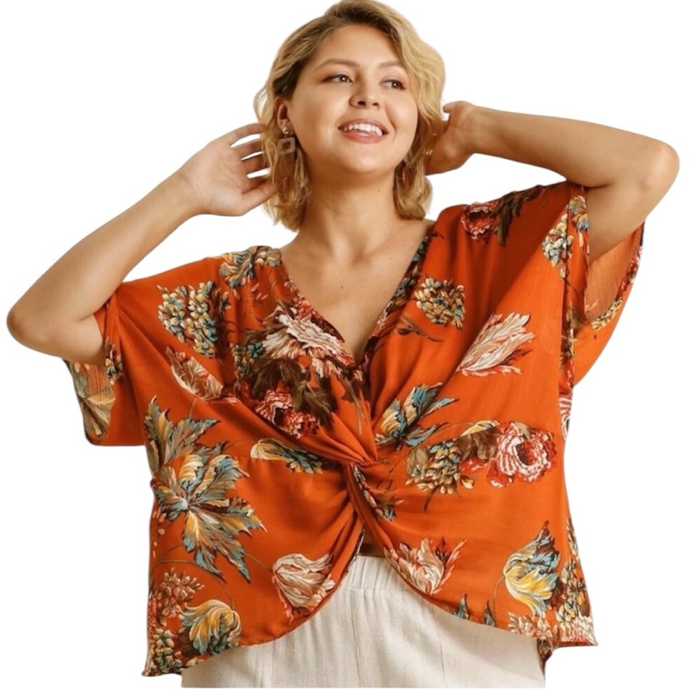Umgee Front/Back Reversible Floral Dolman Sleeve V-Neck Top